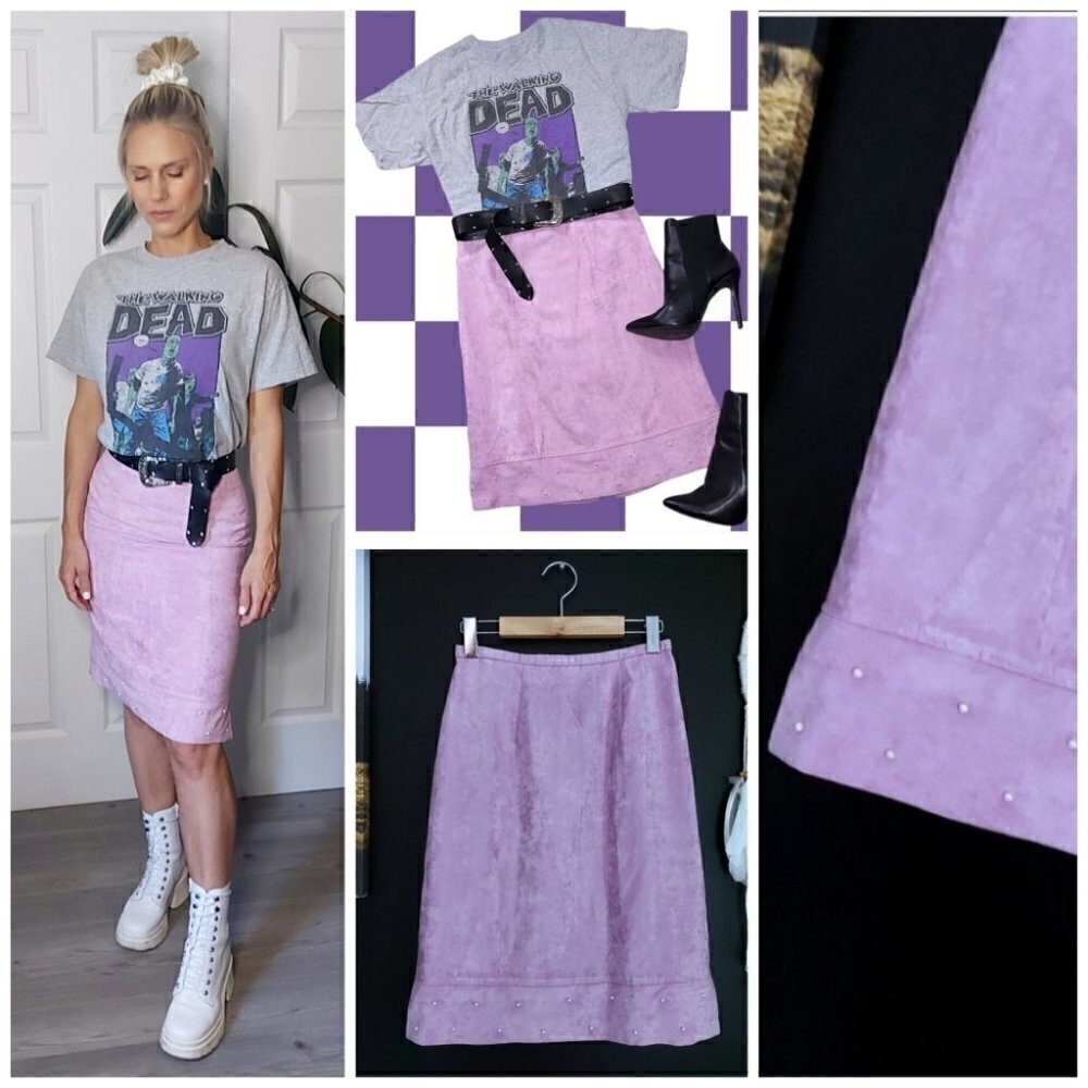 LILAC Faux Suede & Pearls Midi Skirt